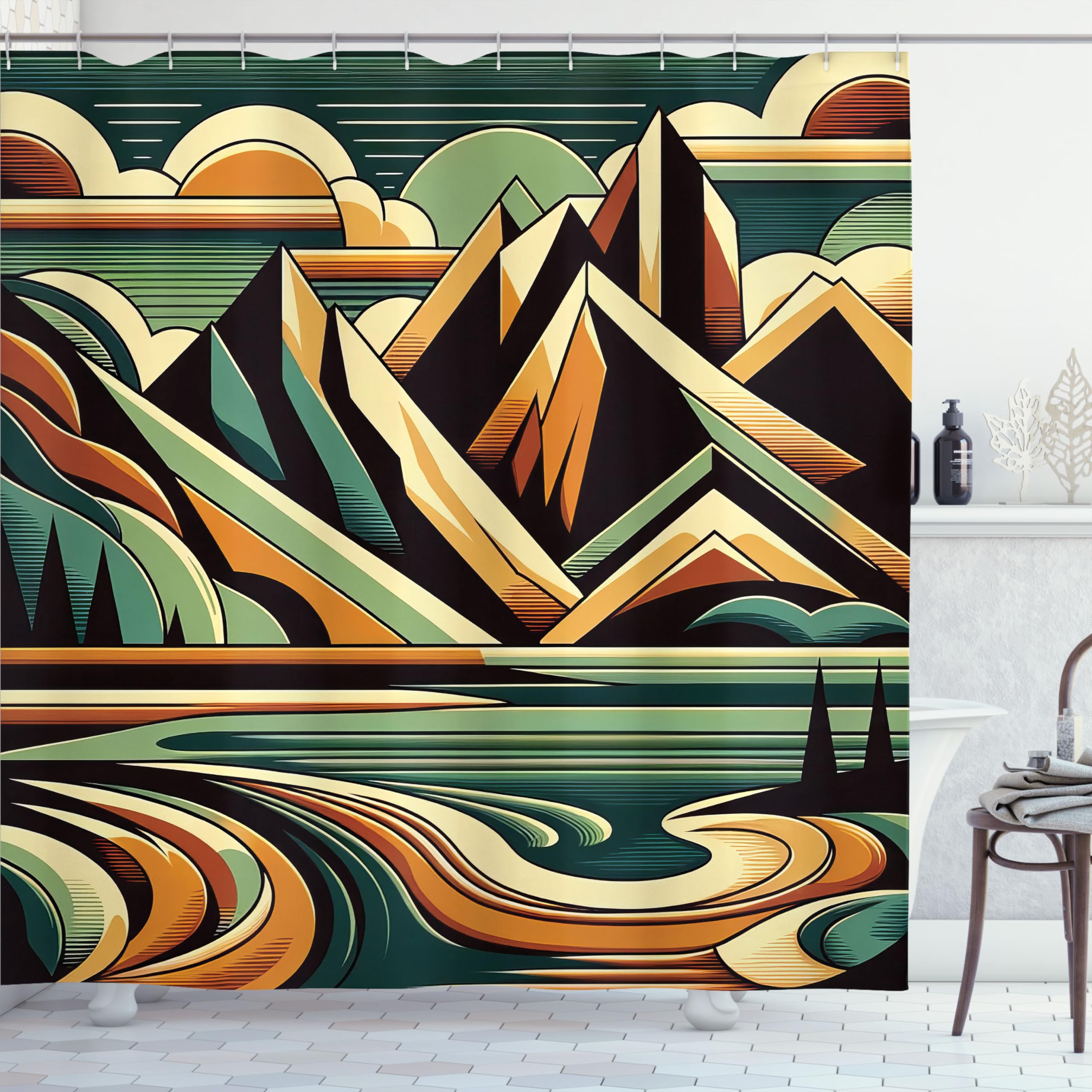 Ambesonne Lake Shower Curtain, Abstract Mid Century Modern Concept Mountain Landscape Nature Line Details, Cloth Fabric Bathroom